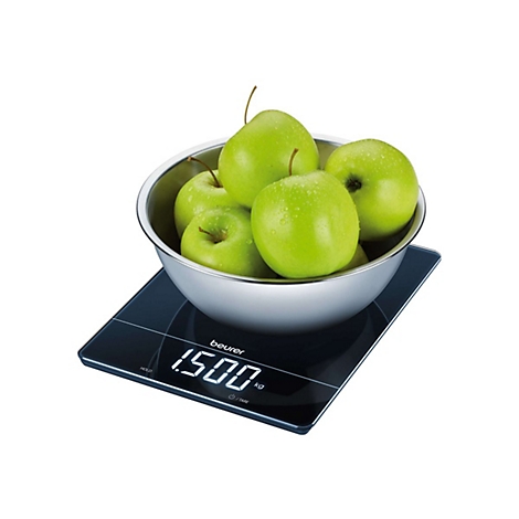 Beurer Küchenwaage mit Edelstahlschüssel gefüllt mit grünen Äpfeln zeigt 1,500 kg an.