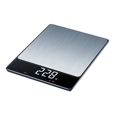 Digitale Beurer Küchenwaage aus gebürstetem Edelstahl mit schwarzem Display, das 228 Gramm anzeigt.