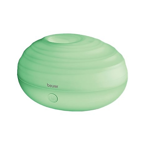 Ein hellgrüner, ovaler Beurer Aroma-Diffuser mit einer wellenförmigen Oberfläche und einem An-Aus-Knopf vorne.
