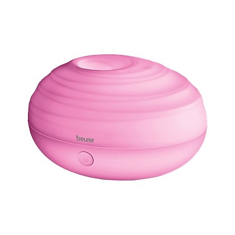 Runder, rosa Beurer Aroma-Diffuser mit geriffelter Oberfläche und mittigem Ein-Aus-Knopf.