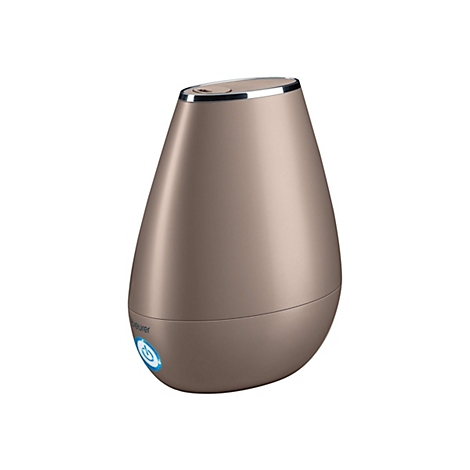 Beurer Luftbefeuchter in elegantem Taupe mit leuchtend blauem Power-Knopf vor weißem Hintergrund.