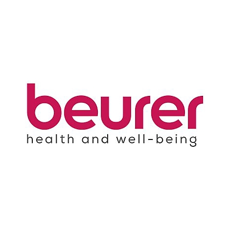 Beurer Logo: Roter Schriftzug beurer mit grauem Text health and well-being darunter auf weißem Grund.