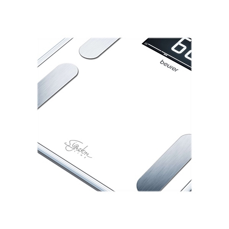 Nahaufnahme einer weißen Beurer Personenwaage mit Edelstahl-Elektroden und Schriftzug Signature Line.