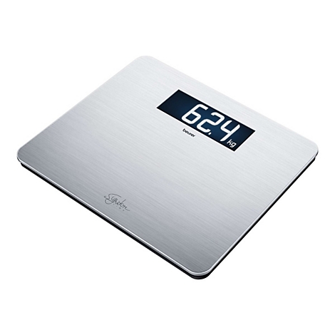 Digitale Personenwaage aus gebürstetem Edelstahl mit schwarzem Display, das 62,4 kg anzeigt.