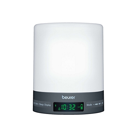 Beurer Lichtwecker mit weißem Diffusor, dunkelgrauem Sockel, Digitalanzeige und Tasten.