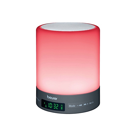 Beurer Sound- und Stimmungsleuchte mit digitalem Display und roter Beleuchtung auf grauem Sockel.