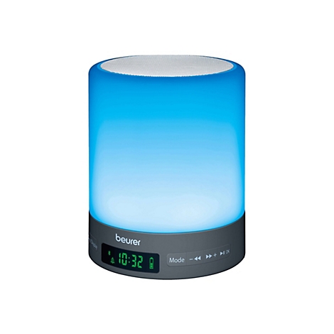 Beurer Bluetooth-Lautsprecher in Zylinderform mit blauem LED-Licht und digitaler Zeitanzeige.
