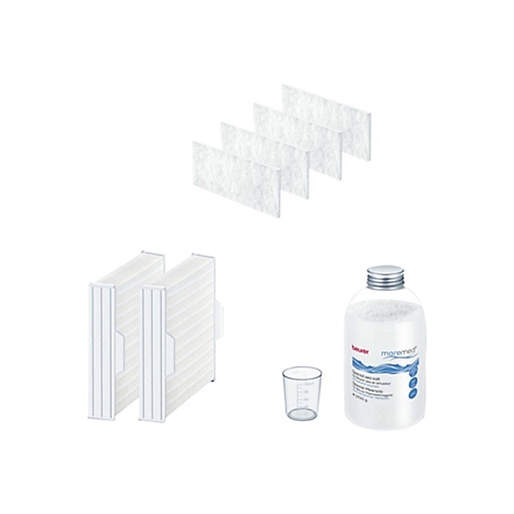 Ersatzteil-Set für Maremed Meeresklimagerät mit Filtern, Vorfiltern und einer Flasche Spezial-Meersalz mit Messbecher.