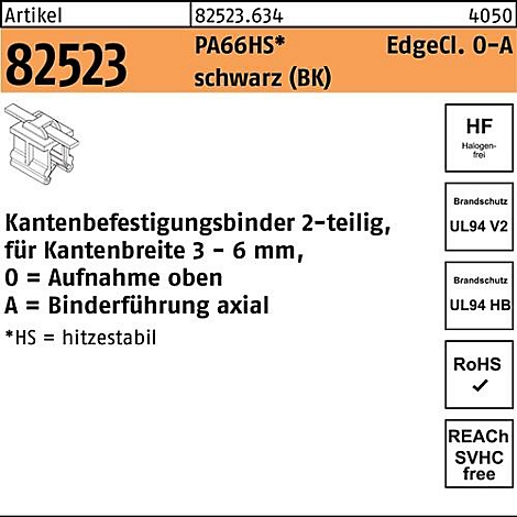 Productinformatie: tekst met artikelnummer, afmetingen en technische details. Klein, zwart kunststof onderdeel.