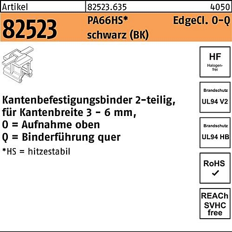 Productinformatie: Technische specificaties voor een randbevestigingsbinder met tekst en symbolen. Bevat informatie zoals artikelnummer, materiaal, brandbeveiliging.