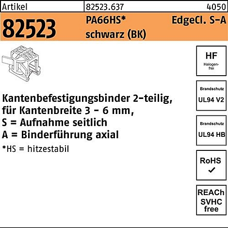 Een close-up van een zwarte kantbevestigingsbinder met tekstuele informatie over de productkenmerken.