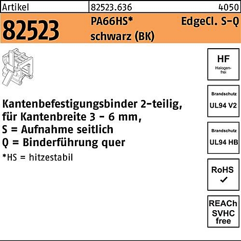 Productlabel met informatie over een randbevestigingsbinder. Bevat artikelnummer, beschrijving, afmetingen, brandbeveiligingssymbolen en RoHS-markering.