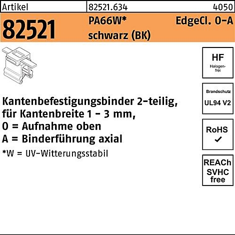 Productinformatie voor een randmontagebinder, met technische specificaties, waaronder materiaal, eigenschappen en certificeringen.