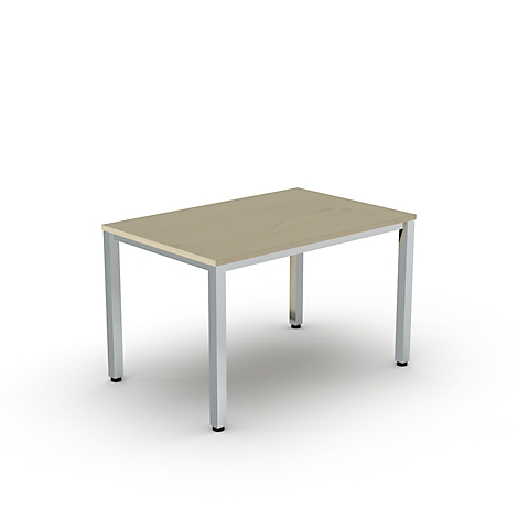 Rechthoekige tafel met beige tafelblad en zilveren poten die eindigen in zwarte voeten.