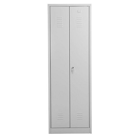 Grijze metalen kast met twee deuren, ventilatiesleuven en een slot.