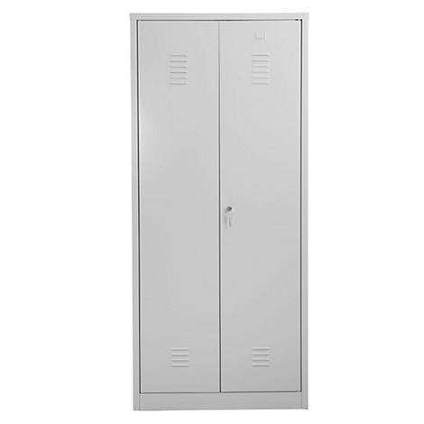 Grijze stalen kast met twee deuren, ventilatiesleuven en slot.