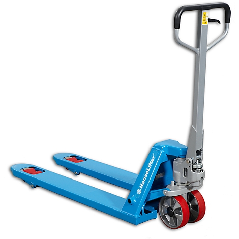 Blue pallet truck with red tires and black handle. Inscription: HanseLifter.