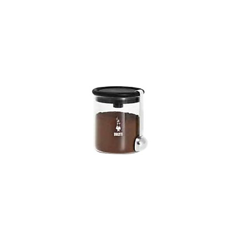 Bialetti Kaffeedose aus Glas mit schwarzem Deckel und integriertem Kaffeelöffel am Rand.