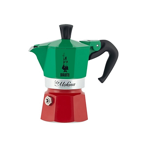 Bialetti La Mokina Espressokocher in den italienischen Farben Grün, Weiß und Rot vor weißem Hintergrund.