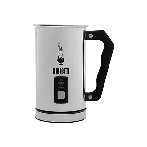 Elektrischer Milchaufschäumer aus Edelstahl von Bialetti mit schwarzem Griff und Bedienfeld auf weißem Hintergrund.