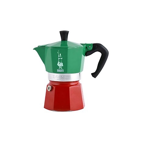 Grün-rote Bialetti Espressokocher mit schwarzem Griff und Logo auf weißem Hintergrund.