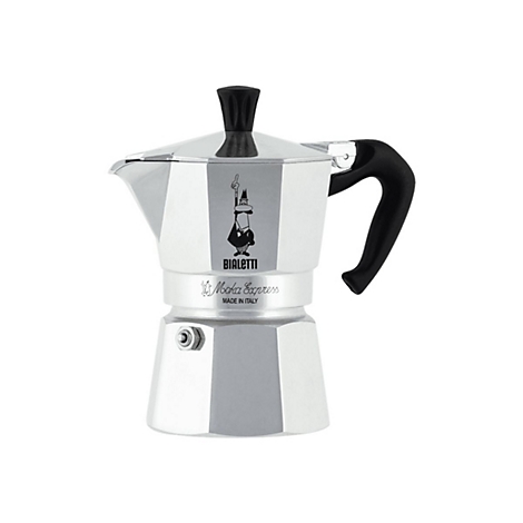 Klassische silberne Bialetti Moka Express Espressokocher aus Aluminium mit schwarzem Griff und Deckelknopf.
