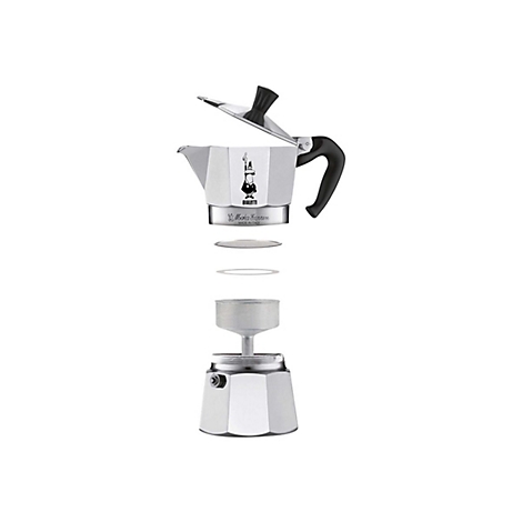 Explosionszeichnung einer Bialetti Moka Express Kaffeemaschine in ihre Einzelteile zerlegt vor weißem Hintergrund.