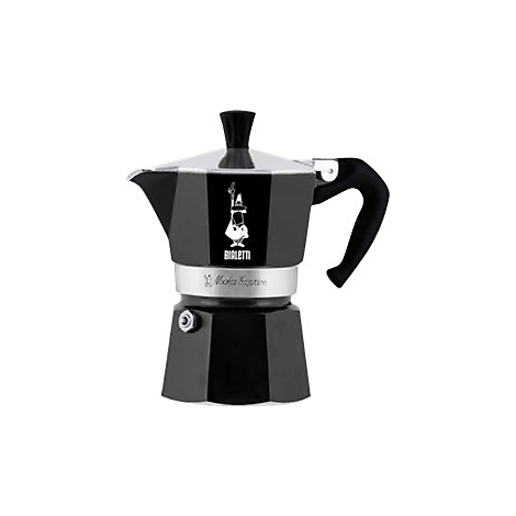 Schwarze Bialetti Moka Express Espressokocher aus Aluminium vor weißem Hintergrund.