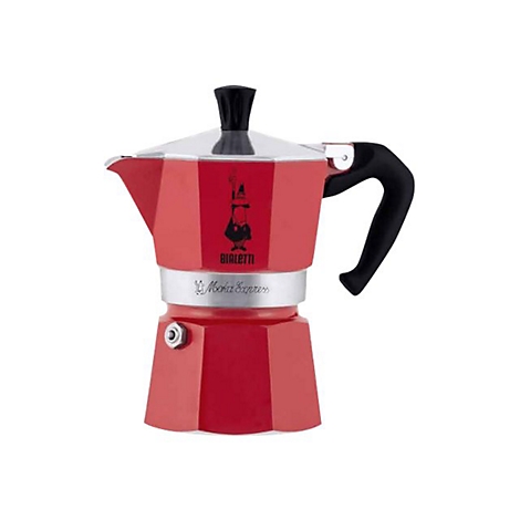 Roter Bialetti Moka Express Espressokocher mit schwarzem Griff und Logo vor weißem Hintergrund.