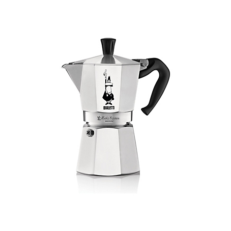 Klassische Bialetti Moka Express Espressokocher aus Aluminium mit schwarzem Griff vor weißem Hintergrund.