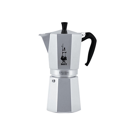 Klassischer, achteckiger Bialetti Moka Express Espressokocher aus silberfarbenem Aluminium mit schwarzem Griff.