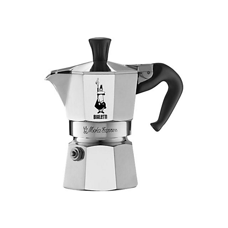 Klassische silberne Bialetti Moka Express Kaffeekanne mit schwarzem Griff und Logo vor weißem Hintergrund.