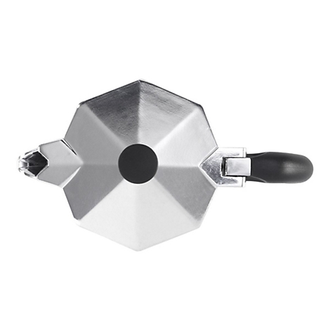 Draufsicht einer achteckigen Espressokanne aus Metall mit schwarzem Griff und Deckelknopf.