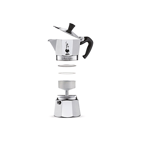 Explosionszeichnung einer silbernen Bialetti Moka Express Espressokocherin mit schwarzem Griff.