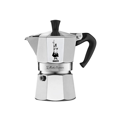 Klassischer Bialetti Moka Express Espressokocher aus Aluminium mit schwarzem Kunststoffgriff.