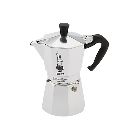 Klassische silberne Bialetti Moka Express Espressokocher aus Aluminium mit schwarzem Kunststoffgriff.