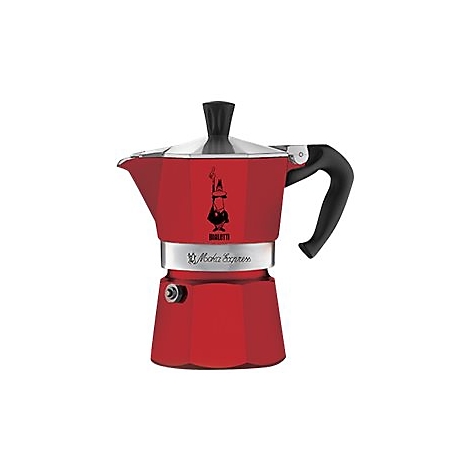 Rote Bialetti Mokka Express Kaffeekocher aus Aluminium vor weißem Hintergrund.