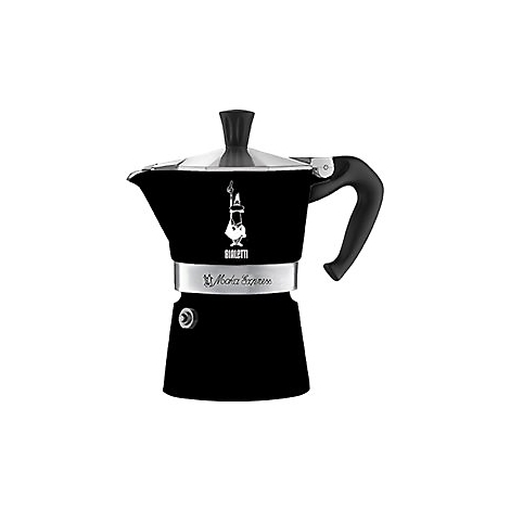 Schwarzer Bialetti Moka Express Espressokocher mit silbernem Mittelband und Logo.