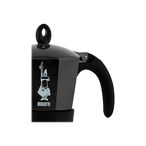 Nahaufnahme einer schwarzen Bialetti Espressokanne mit dem markanten Logo-Männchen auf der Seite.