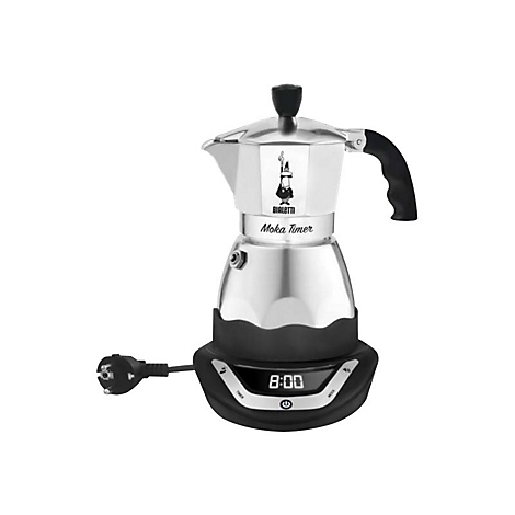Elektrischer Bialetti Moka Timer Espressokocher aus silbernem Aluminium auf schwarzem Sockel mit Digitalanzeige.
