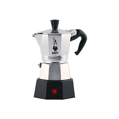 Elektrische Bialetti Elettrika Espressokocher aus silbernem Aluminium auf schwarzem Sockel mit rotem Licht.