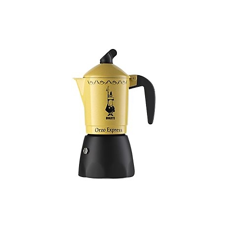 Gelbe Bialetti Orzo Express Espressokocher mit schwarzem Unterteil und Logo vor weißem Hintergrund.