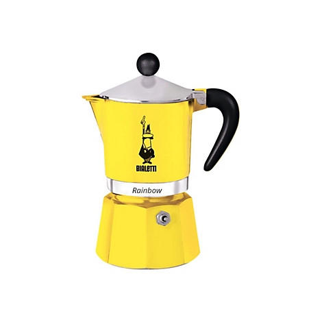 Gelber Bialetti Espressokocher Rainbow vor weißem Hintergrund.