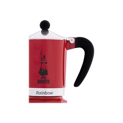 Rote Bialetti Rainbow Espressokocher-Kanne mit schwarzem Griff und Logo auf weißem Hintergrund.