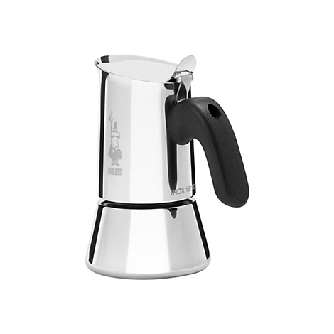 Silberne Bialetti Espressokanne aus Edelstahl mit schwarzem Kunststoffgriff vor weißem Hintergrund.