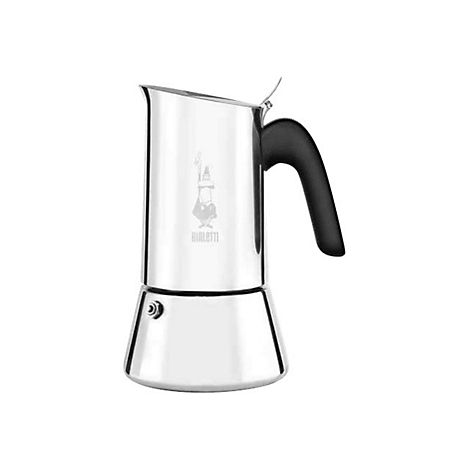 Silberne Bialetti Espressokocher aus Edelstahl mit schwarzem Griff vor weißem Hintergrund.