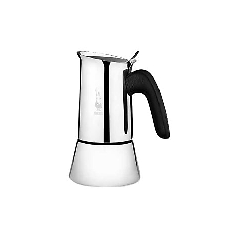 Silberne Bialetti Espressokocher aus Edelstahl mit schwarzem Kunststoffgriff vor weißem Hintergrund.