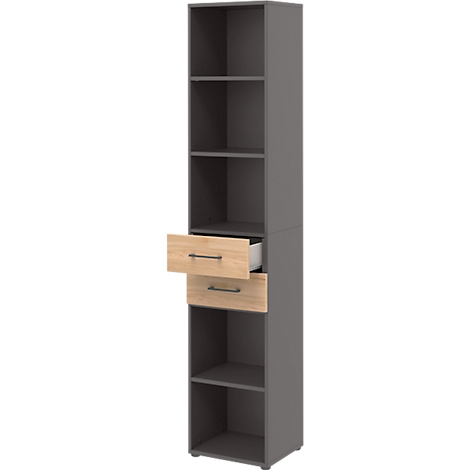 Armoire grise avec tiroirs ouverts aspect bois. Tiroirs et étagères offrent du rangement.
