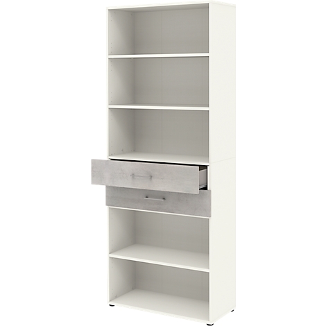 Étagère blanche avec des étagères ouvertes et un tiroir aspect bois ouvert.