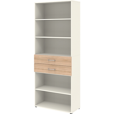 Haute armoire blanche avec étagères ouvertes et deux tiroirs aspect bois.